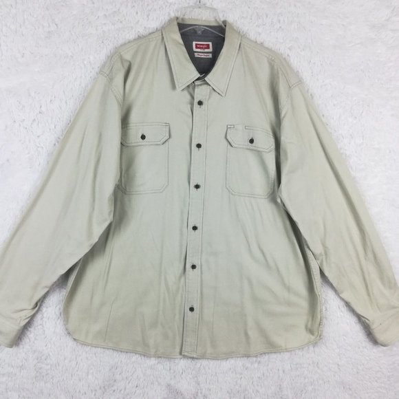 Wrangler Mens Shirt Button Down Khaki‎ Flex For Comfort Brush Popper 2XL - Picture 1 of 13
